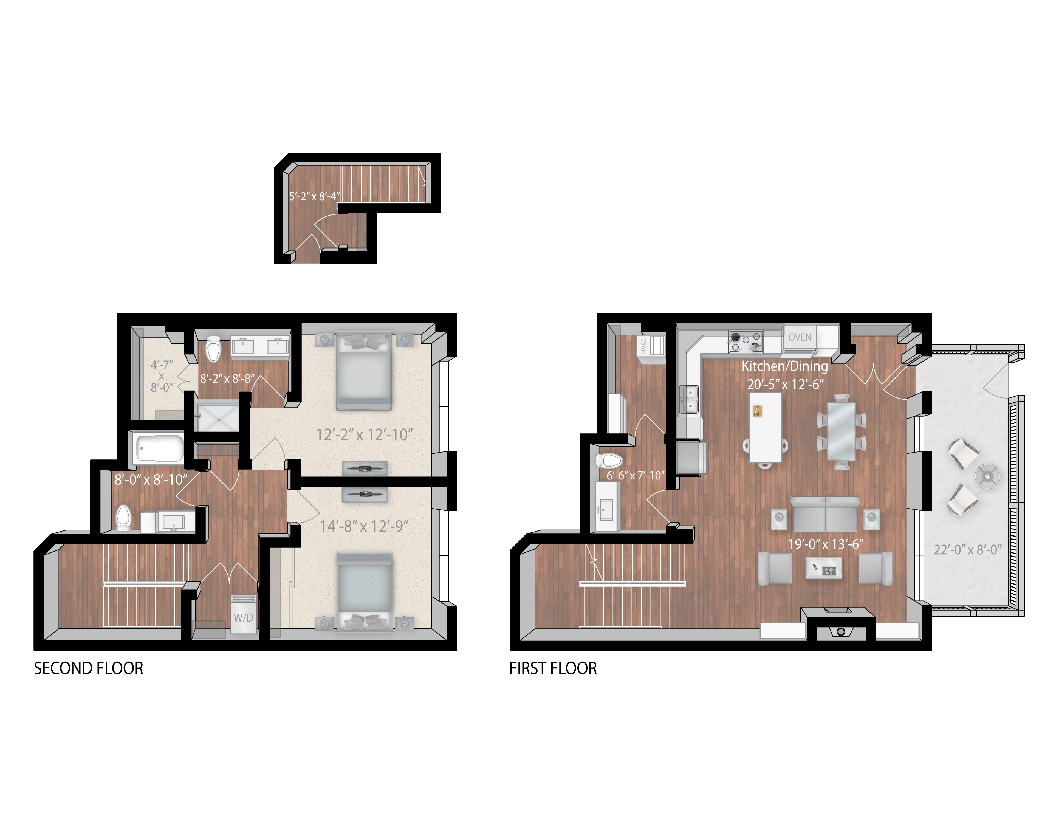 Floor plan for 2 beds, 2.5 baths, 1806 sqft